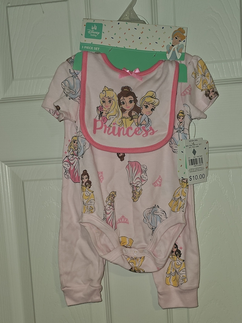 Disney Princess Baby Girl 6/9 Months 3pc Set Bodysuit, Pant, Bib Pink New - Picture 10 of 10
